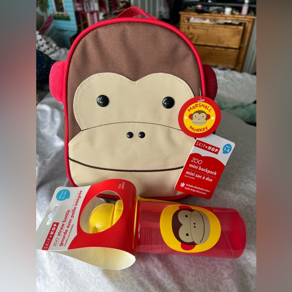 New Skiphop Marshall the monkey mini backpack and Straw bottle